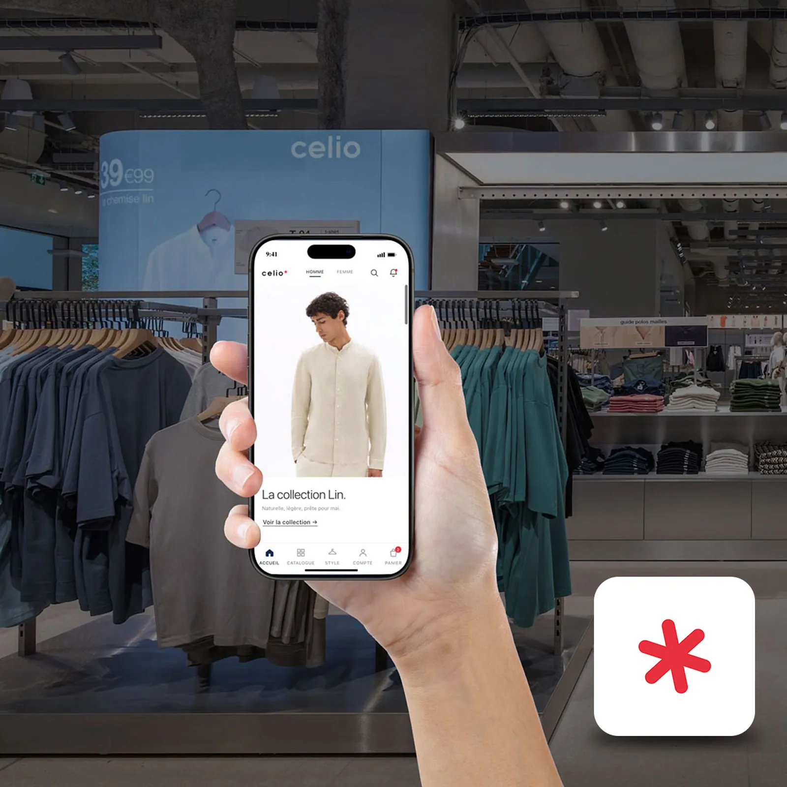 Celio App Mobile, écran d'accueil iPhone, collection lin, devanture magasin Celio