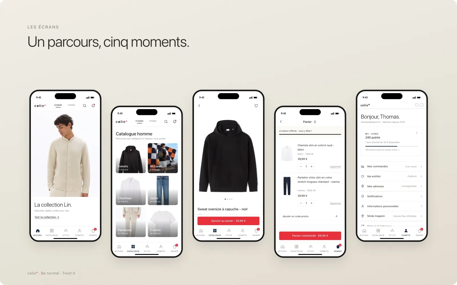 Cinq écrans clés de l'app Celio, Accueil, Catalogue, Fiche produit, Panier, Compte