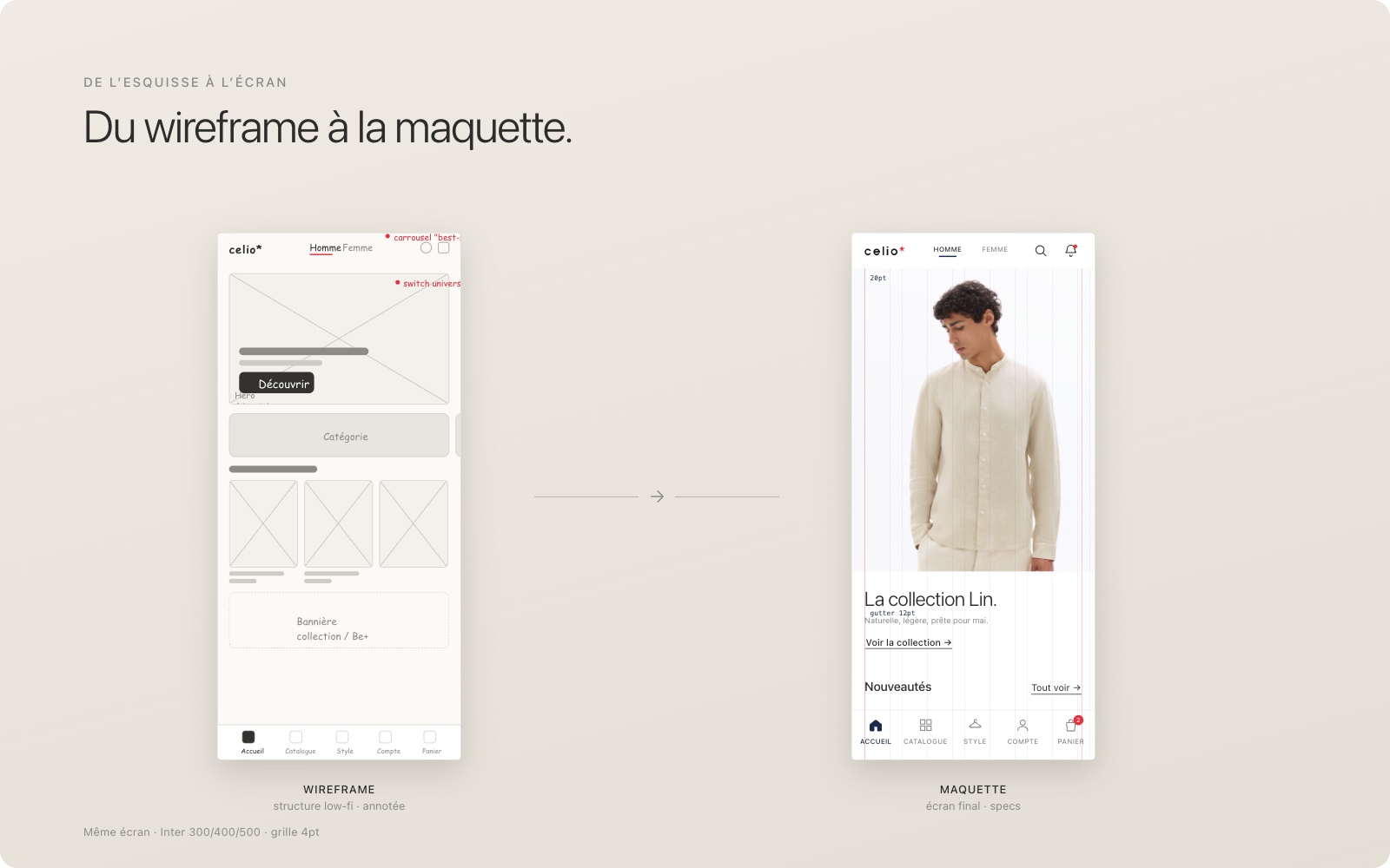 Wireframes Celio, écrans basse définition Accueil, Catalogue, Fiche produit