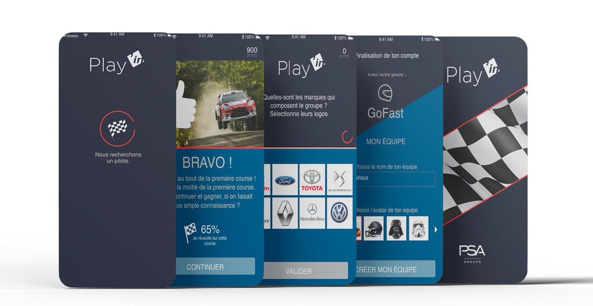 Play'in PSA Group — 5 écrans de l'application : recherche de pilote, écran Bravo, quiz logos, création d'équipe et splash screen PSA