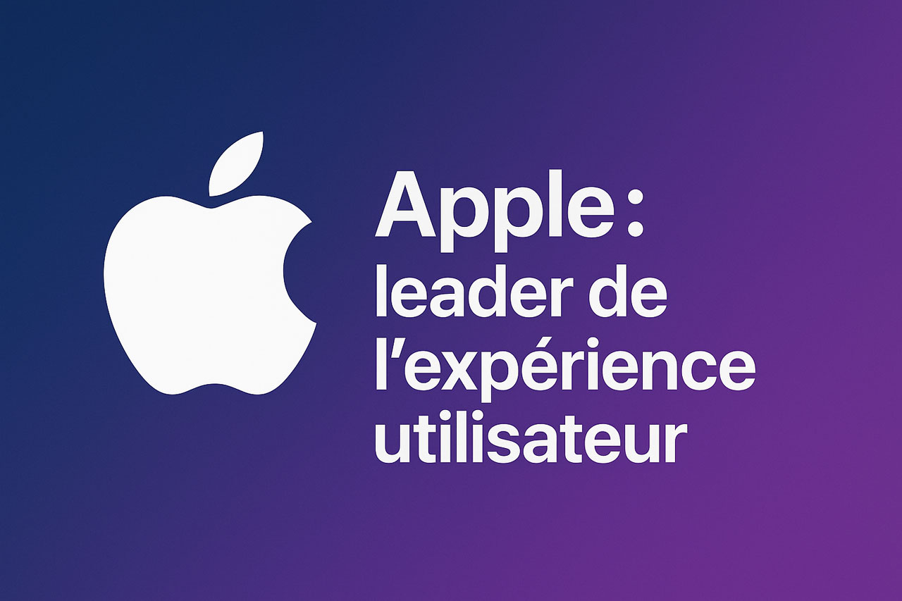Logo Apple avec le titre « Apple, le leader mondial de l’expérience utilisateur réussie ». Article rédigé par Thomas Dutrieux - UI/UX Designer senior