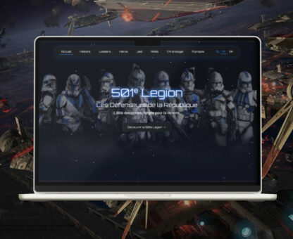 Capture du site one-page “La 501ᵉ Légion” conçu avec Figma Make, montrant un design futuriste inspiré de Star Wars et respectant les normes d’accessibilité. Site créé par Thomas Dutrieux
