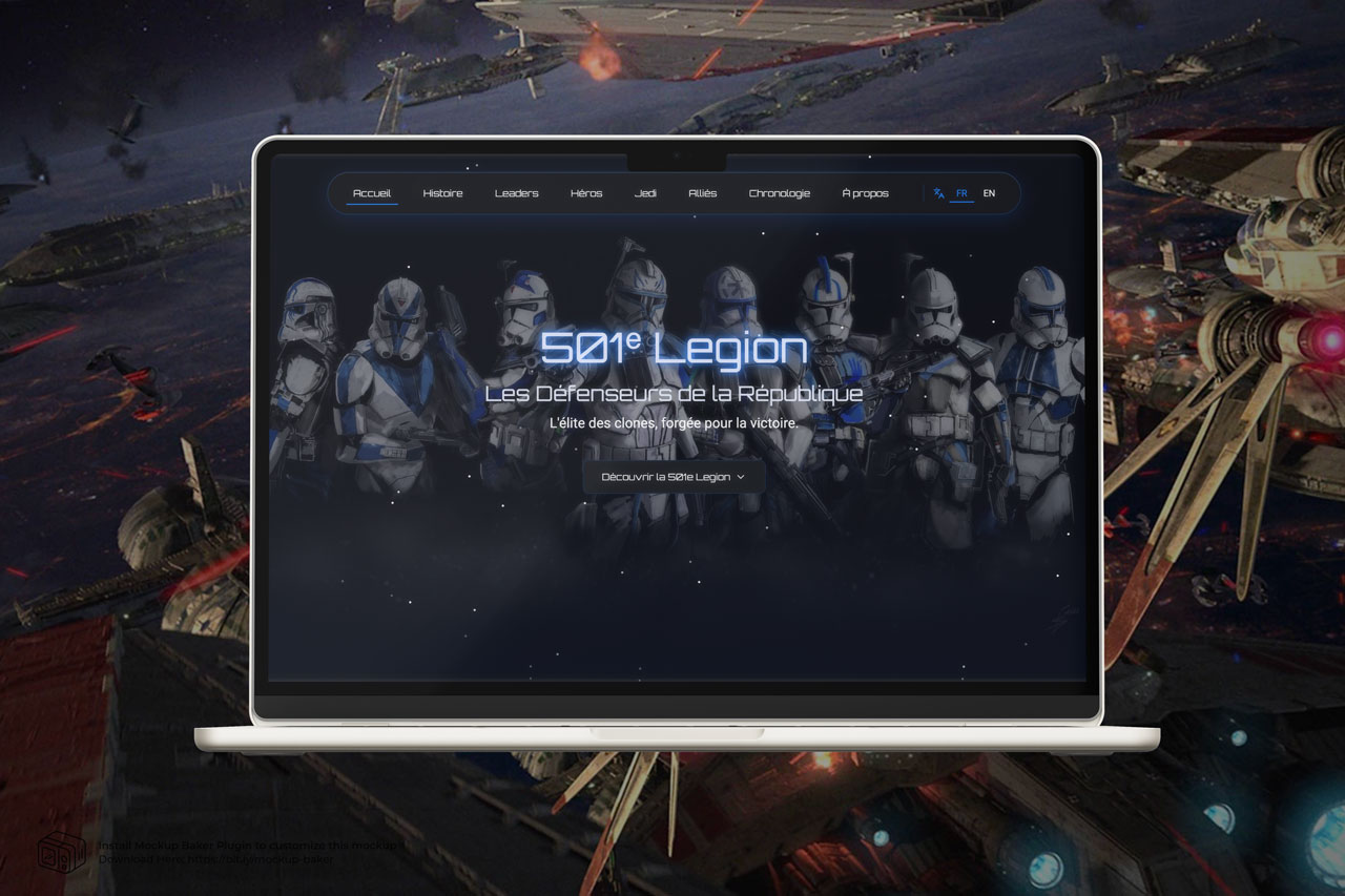 Capture du site one-page “La 501ᵉ Légion” conçu avec Figma Make, montrant un design futuriste inspiré de Star Wars et respectant les normes d’accessibilité. Site créé par Thomas Dutrieux